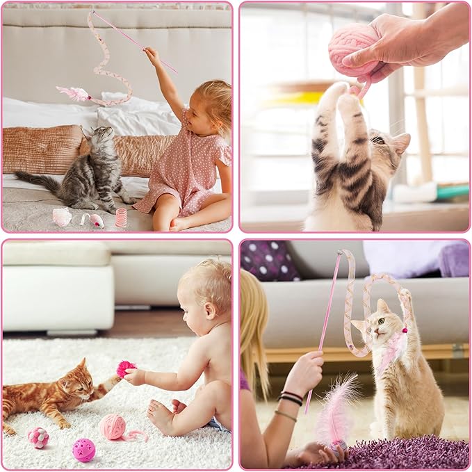 MALLMALL6 10Pcs Pink Cat Toys & 6Pcs Frosted Animal Cookie Catnip Crinkle Paper Sound Toys, Interactive Toys for Cat