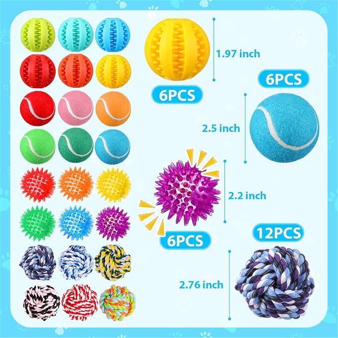 Skylety 30 Pcs Puppy Teething Toys for Small Medium Breed Includes 2.5 Inch Tennis Balls Squeaky Rubber Chew Toys and Treat Balls for Dogs Teething and Intellect Training