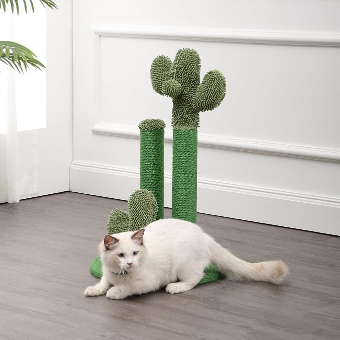 25.25" Modern Jute Triple-Cactus Cat Scratching Post Green | Toy Included, Plush Fabric, Scratchable Surface