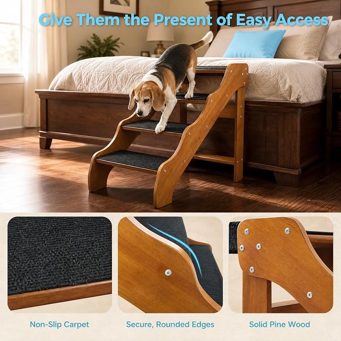 Solid Wood pet Staircase Walnut Paint, Dog Ladder, Suitable for high beds, Sofas, and Cars, with a Weight Capacity of 500 pounds, Anti Slip Staircase, Suitable for Large Pets (Walnut 3 Steps)