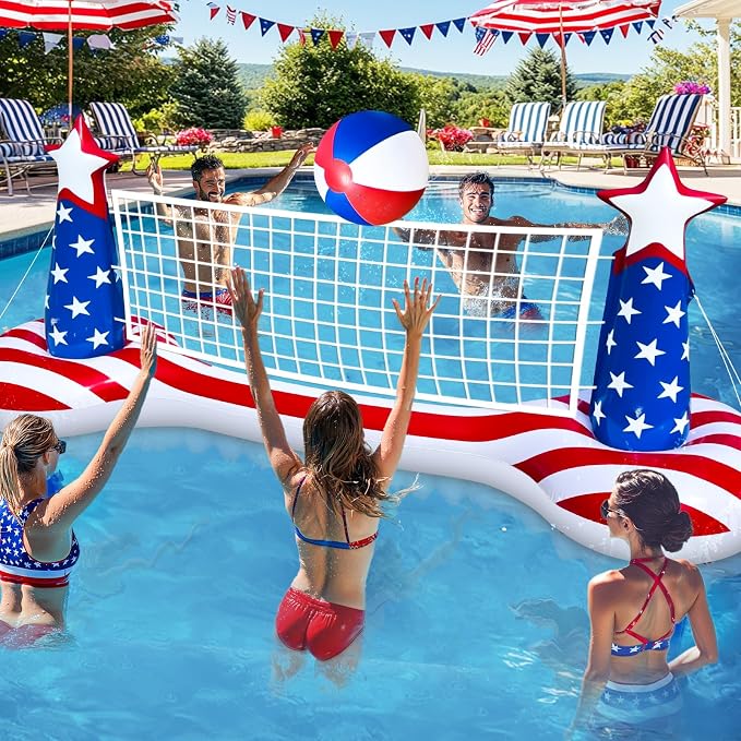 250th Anniversary American Flag Inflatable Pool Games Large Volleyball Net Pool Floats Set with 9" Beach Ball – 4th of July Floating Swimming Game Toy for Adults, Perfect for Patriotic Party Summer