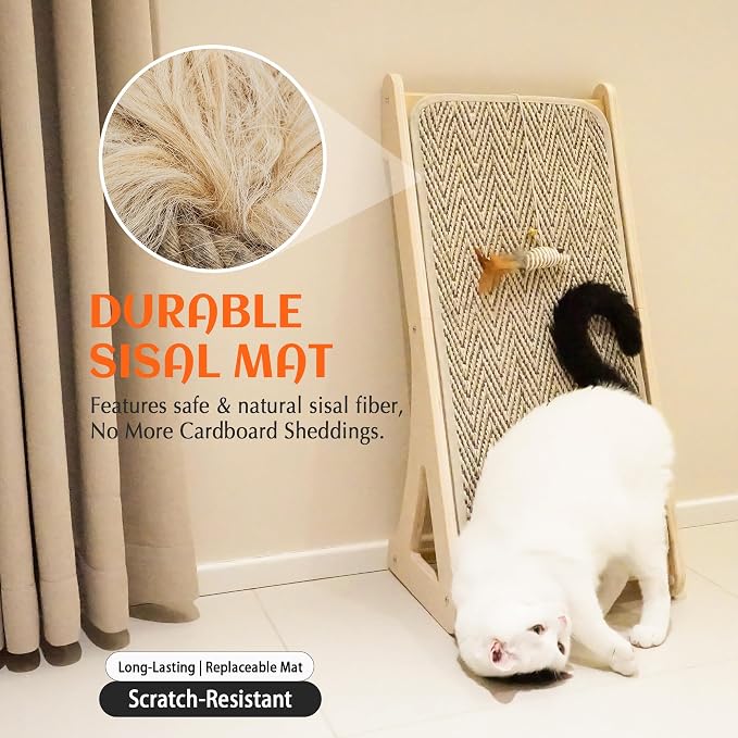 PETKARAY Cat Scratcher, Sisal Scratching Ramp, L Shape Scratch Pad for Indoor Cats, 27" Wall Furniture Protector with Mouse Toy
