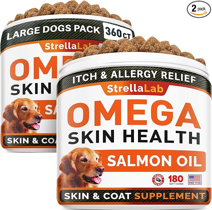 STRELLALAB Omega 3 for Dogs - (360Ct) Fish Oil Treats - Allergy & Itch Relief Skin & Coat Supplement - Dry Itchy Skin, Anti Shedding & Hot Spots Treatment - Pet Salmon Oil Chews - Smoked Salmon
