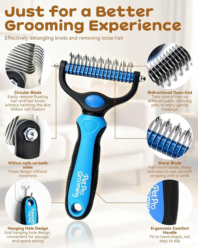 Tool, 2-In-1 Deshedding Dog Brush, Double-Sided Grooming Tool for Thick Coats, Rounded-Tooth Comb for Painlessly Removing Knots and Loose Hair (Green-Large)