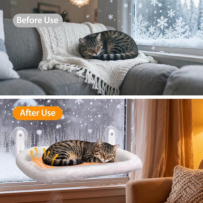 L&W BROS. 2PC Cat Heated Window Perches with Adjustable Thermostat & Timer – Dual Hammocks with Strong Suction Cups, Easy-to-Clean Warm Beds for Multi-Cat Homes, Holds Up to 50lbs Each (L 2PC)