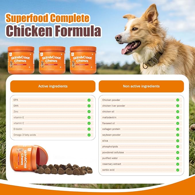Omega 3 Fish Oil Skin & Coat Supplement for Dogs - 120 Chicken Flavor Chews | EPA & DHA - Relieves Itchy Skin, Reduces Shedding, Supports Hip & Joint, Immune Health