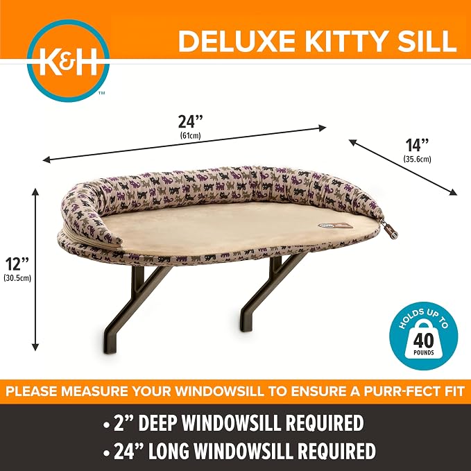 K&H Pet Products Bolster Kitty Sill Cat Window Perch Bed for Large Cats, Orthopedic Window Hammock Holds 40 lbs, Washable Cover, Indoor Windowsill Furniture Bed Seat - Tan/Kitty Unheated 14 X 24in