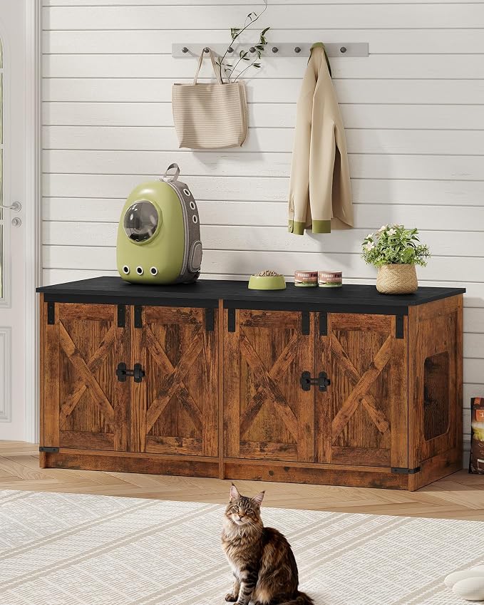 Hzuaneri Cat Litter Box Enclosure for 2 Cats, Hidden Litter Box Furniture Cabinet with Double Room, Indoor Cat House, Farmhouse Style, 46.7 x 18.9 x 21.1 Inches, Rustic Brown CB85301X