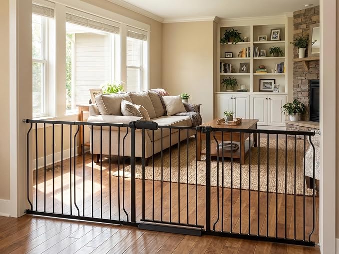 Extra Wide Baby Gate 85.8-90.5" Dog Gate Indoor Pressure Mounted No Drill Safety Gate for Large Entries, Kitchen,Stairs & Doorways, Black Metal Indoor Pet Gate for Kids & Dogs