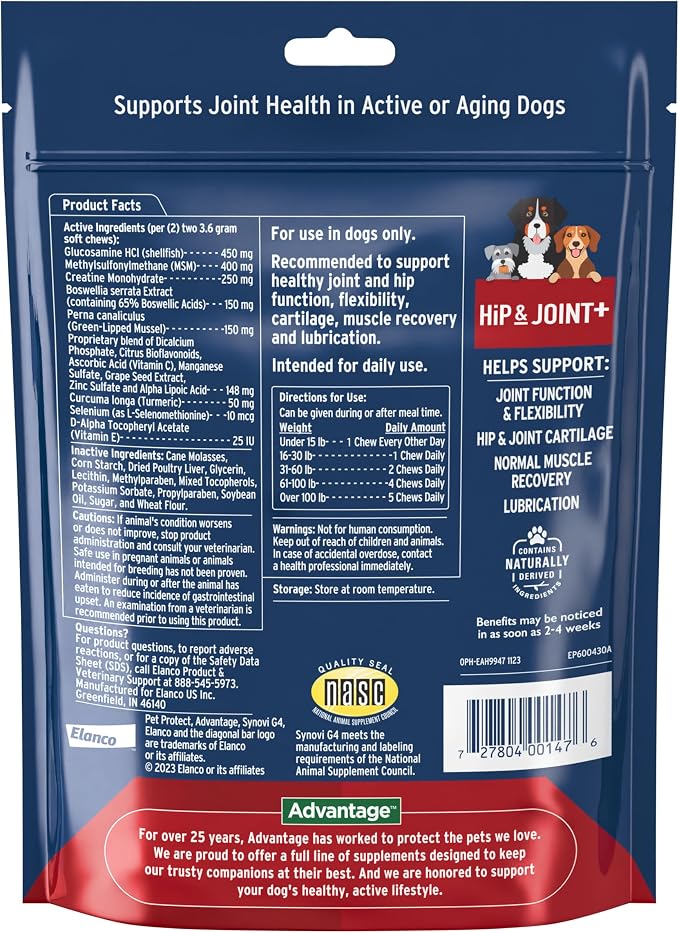 Pet Protect Dog Hip & Joint+ Supplement for Active & Aging Dogs, Vet-Formulated Synovi G4, Dog Glucosamine, Chicken-Flavored Soft Chews (60 Count)