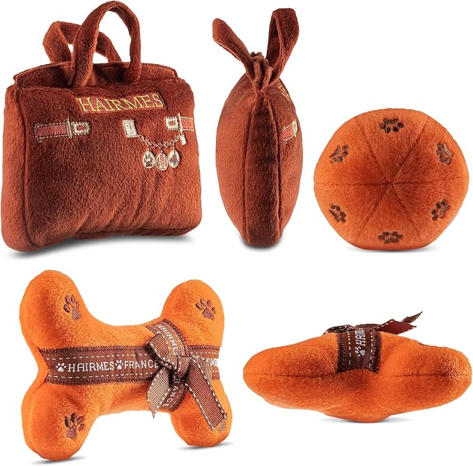 Dog Diggin Designs Hairmes Collection – Set of 3 Unique, Squeaky, Parody Plush Toys that Includes a Hairmes Purse, a Hairmes Ball, and a Hairmes Bone