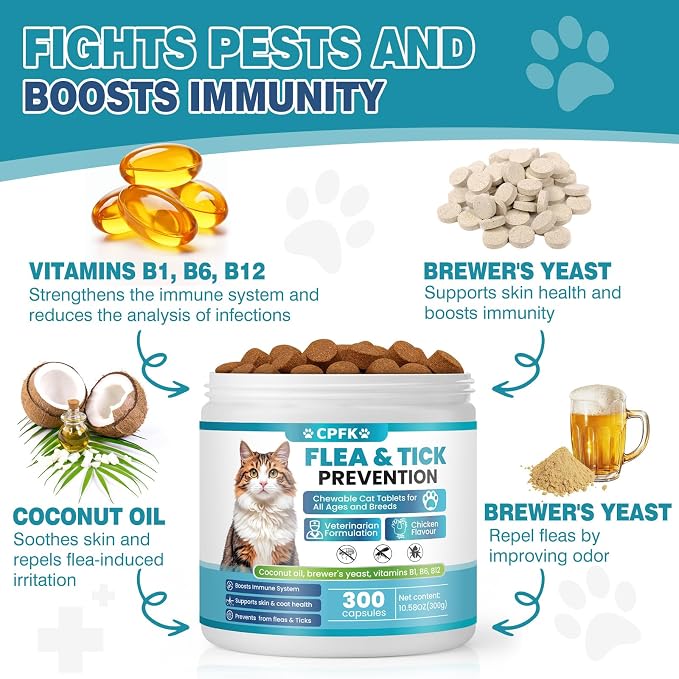 Chewable Flea Treatment for Cats Flea and Tick Prevention for Cats Chewables Fleas Chewables for Cat of All Breeds and Ages 300 Chewable Tablets