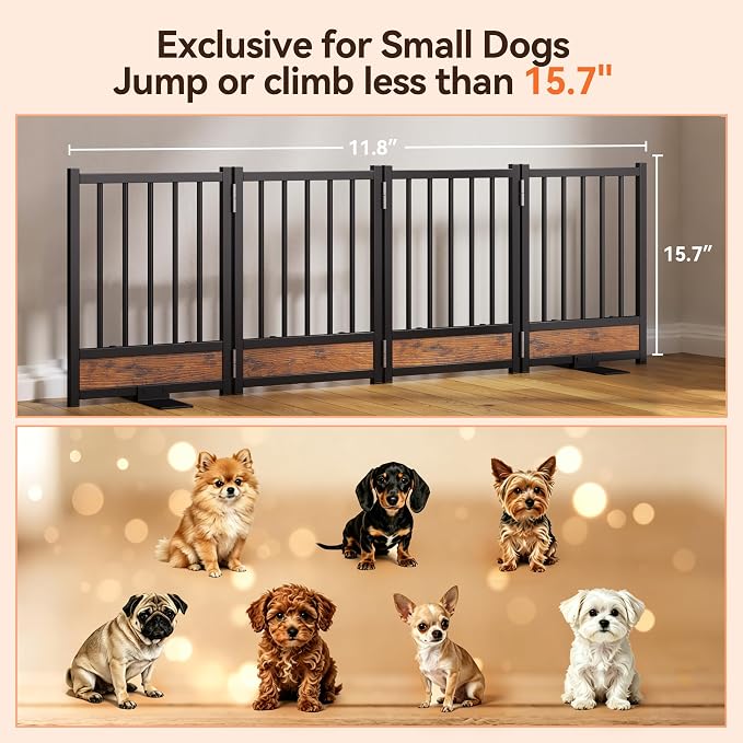 Dog Gate for Small Dogs, 15.7" Short No Drill Foldable Reinforced Base Pet Fence, Heavy Duty Step-Over Doorway Puppy Barrier, Anti-Tip Metal Frame, Supports 200+ lbs, Black
