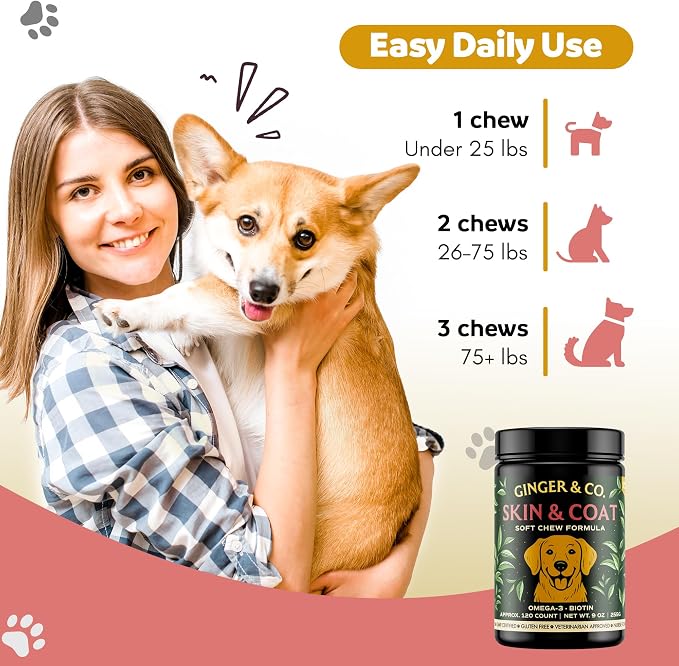 GINGER & CO. Skin & Coat Support Chews for Dogs – Omega 3 & Salmon Oil 120CT