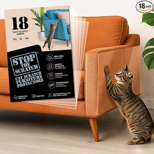 Cat Scratch Deterrent Tape – 18 XL Clear Double-Sided Sticky Sheets to Protect Furniture from Cats – Pet-Safe, Transparent Anti-Scratch Adhesive for Couch, Sofa, Doors & More