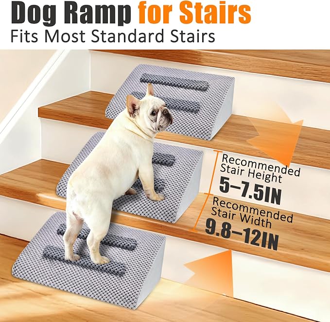 Dog Ramp for Stairs with Anti-Slip Bump for Small & Senior Dogs and Cats – Stair Wedges for Dogs with Gentle Slope, Pet Ramp with Washable Cover & Self-Sticky Pads for Safe Climbing (Gray, 1 Pack)