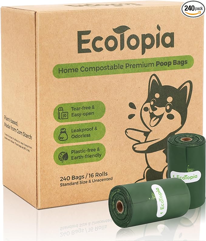 Compostable Dog Poop Bags, 240 Count/16 Rolls, Leak-Proof Unscented, Plant-Based Biodegradable, Tear-Free Easy Open Rolls, ASTM D6400 & EN13432 Certified, Dark Green