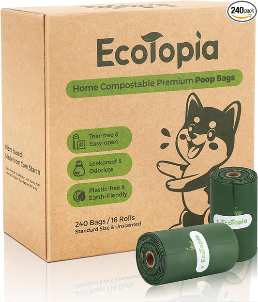 Compostable Dog Poop Bags, 240 Count/16 Rolls, Leak-Proof Unscented, Plant-Based Biodegradable, Tear-Free Easy Open Rolls, ASTM D6400 & EN13432 Certified, Dark Green