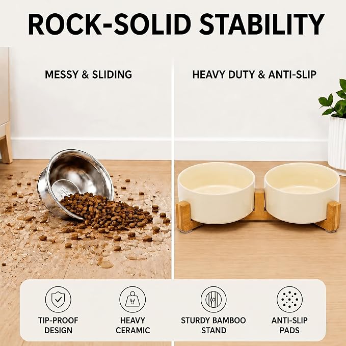 SPUNKYJUNKY Ceramic Dog and Cat Bowl Set with Wooden Stand, Modern Cute Weighted Food Water Set for Small Size Dogs (13.5OZ) & Medium Sized Dogs (28.7OZ) & Cats (3.6 Cups, 2 × Beige)