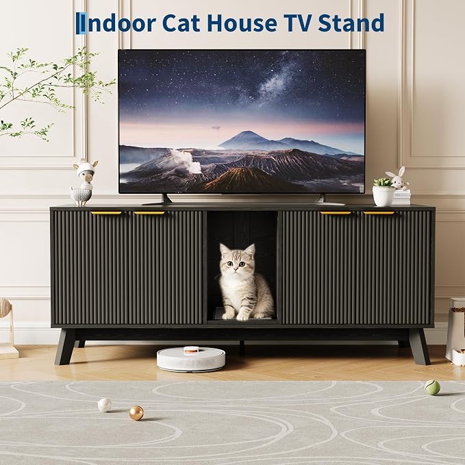 Garvee Cat Litter Box Enclosure for 2 Cats, 59" Hidden Litter Boxes Furniture with Cat Litter Mat, Large Indoor Pet House with Double Room, Wooden TV Stand Side Table, Black