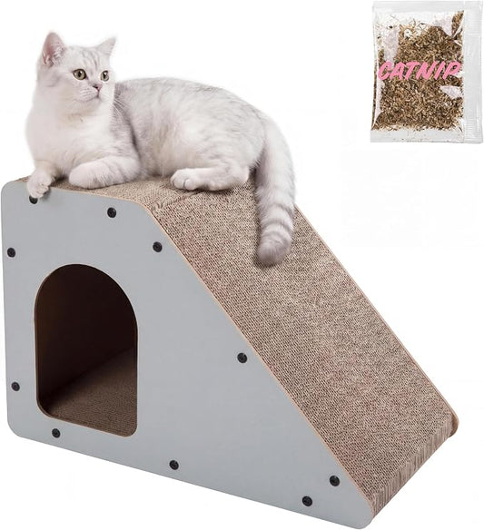 Kento 23.63" Modern Cardboard Cat Cave Scratcher with Catnip, Angled Trapezoid Hideaway House and Scratching Lounge for Indoor Cats, Gray CSR1008H