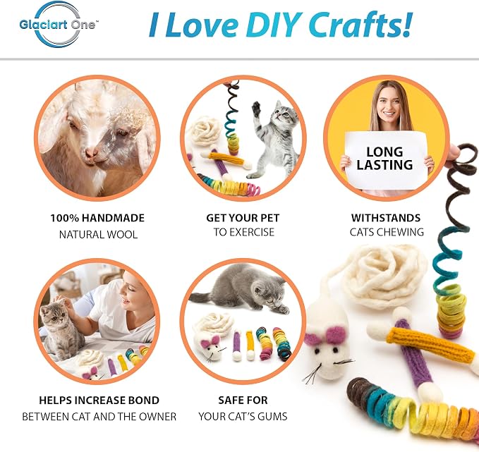 Glaciart One Indoor Catnip Cat Toy Pack - 5pc | Kitty Toys Include Wool Springs, Swabs & Mouse | for Activity, Exercise & Play | Filled w/Organic Catnip to Excite/Calm Pet | Great Gift Idea