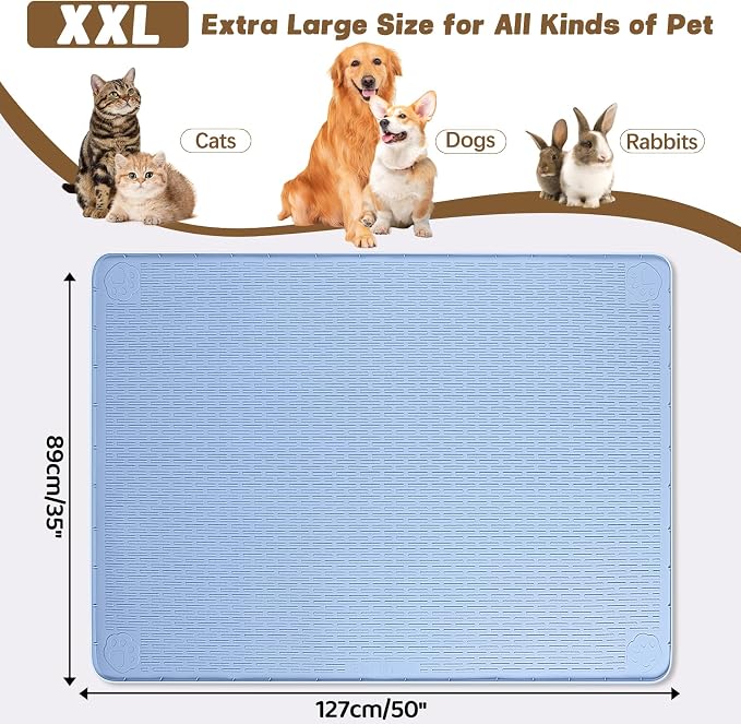 Cat Food Mat, 50" x 35" Extra Large Silicone Pet Feeding Mat with Raised Edge Pet Placemat for Food and Water Bowl Non-Slip, Easy to Clean, Floor Protection (Blue)