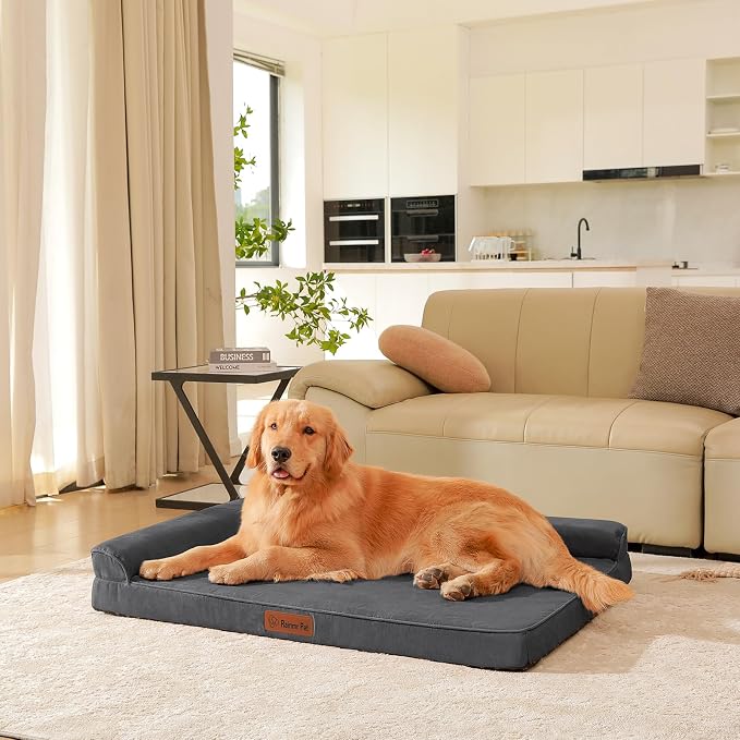 Rainmr Orthopedic Dog Bed for Large Dogs, 41"x27"x6" Memory Foam Pet Bed with Washable Microsuede Cover, TPU Waterproof Liner & Nonskid Bottom, for Indoor, Outdoor, Crate ＆ Car Use, Dark Grey