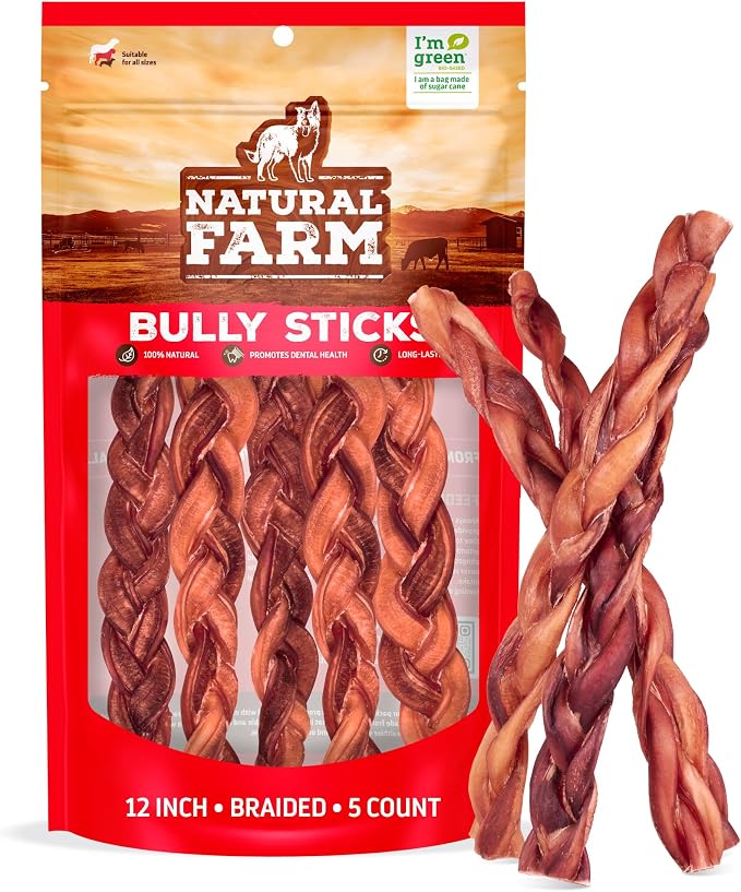 Natural Farm Odor-Free Braided Bully Sticks (12 Inch, 5 Pack) - 100% Grass-Fed Beef, Grain-Free, Low Fat & Fully Digestible Best Dental Treats - Safest Long Lasting Pizzle Chews to Keep Your Dog Busy