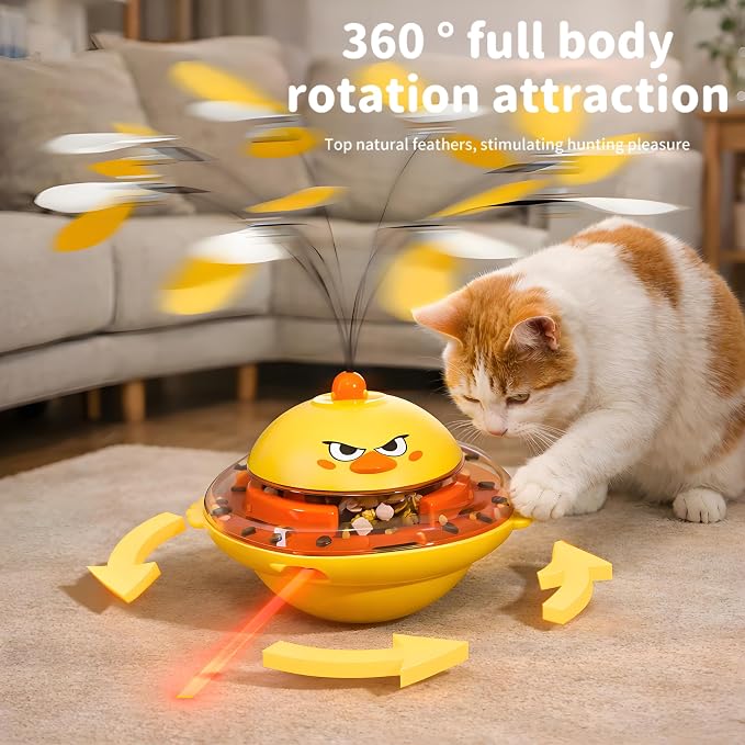 hooroor 4-in-1 Automatic Cat Toy Gift for Cat Owners, Interactive Laser & Feather Teaser with Bird Sounds, Treat Reward, Self-Balancing 360° Spinning Enrichment Exercise Toy for Bored Indoor Cats