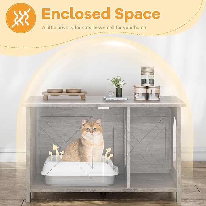 Shintenchi Cat Litter Box Enclosure, Litter Box Furniture Cabinet Hidden with Removable Divider, Wooden Cat House with End Table, Ash Oak Grey, 31.5 inch