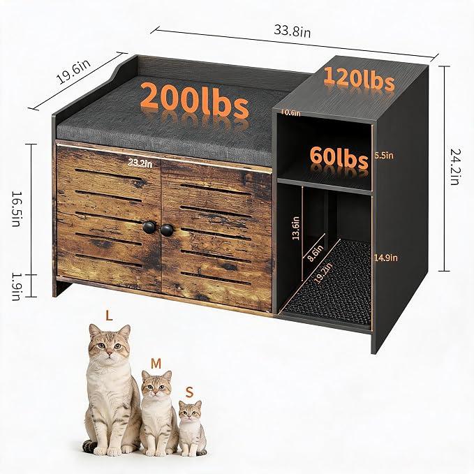 Cat Litter Box Enclosure, Hidden Litter Box Cabinet Furniture with Scratch Pad, Farmhouse Indoor Cats House with Storage Layer for Hallway, Bedroom