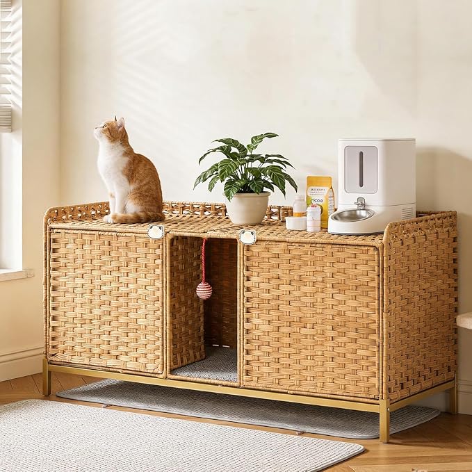 Cat Litter Box Enclosure Furniture, Handwoven Rattan Cat Houses, Hidden Cat Washroom Furniture with Door/Mat, Large Space Cat Houses with S-Shaped Hooks, Living Room, Bedroom, Natural
