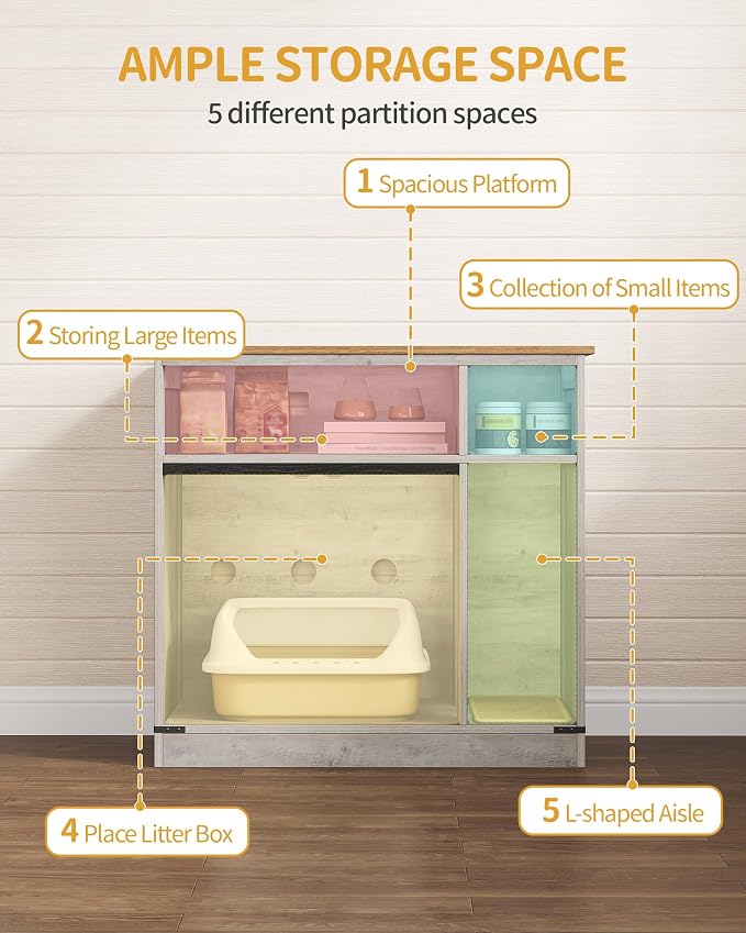 Hzuaneri Cat Litter Box Enclosure, Hidden Litter Box Furniture with Storage, Wooden Cat Cabinet with Scratch Pad, Farmhouse Cat Washroom, TV Stand End Table, Greige CB87505X