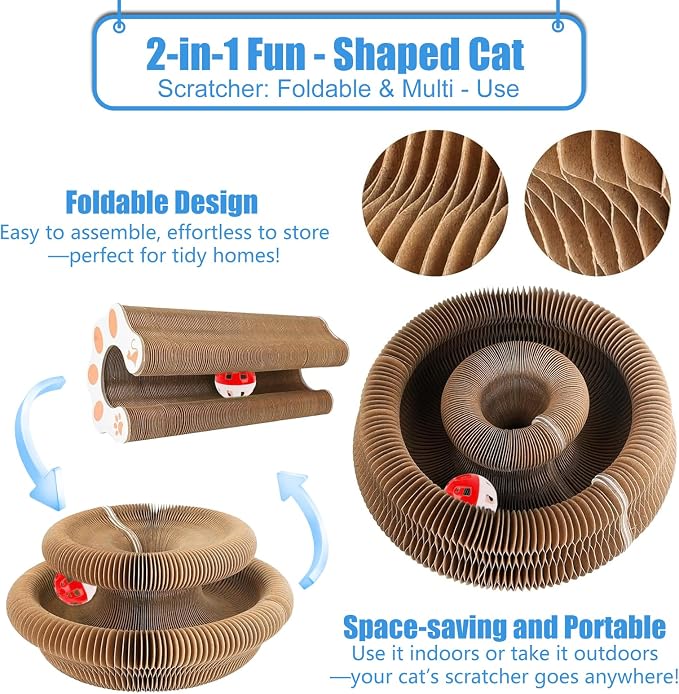 2 PCS Cat Scratcher, Foldable Magic Organ Cat Toy Scratching Board with Bell Balls, Reversible Corrugated Cardboard