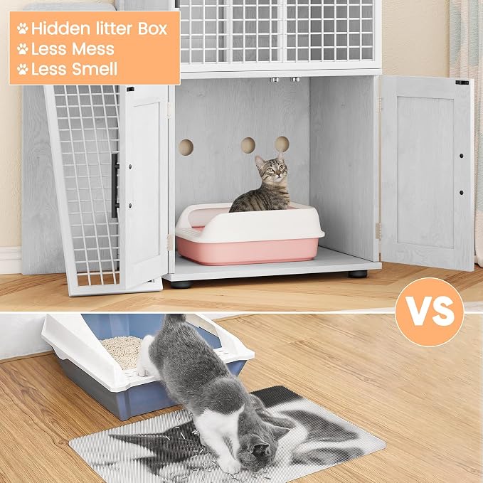 Cat Litter Box Enclosure Furniture with Double Layer Design, Hidden Litter Box & Lounge Villa for Indoor Cats - Includes Ladder, Platform, and Washroom Space for Living Room, Antique White