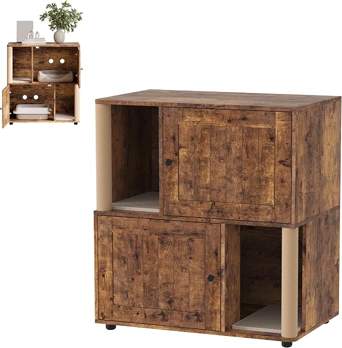 Cat Litter Box Enclosure, Two-Story Wooden Hidden Litter Box Furniture with Scratching Post, Multi-Level Cat Washroom Cabinet for 2 Cats, Reinforced Wood Frame & Ventilated Design for Small Apartment