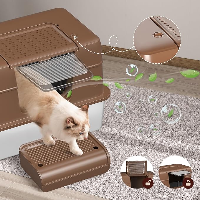 Stainless Steel Extra Large Litter Box with Lid for Big Cats, High Sided, No Odor, Non-Sticky, Anti-Leakage (Brown)