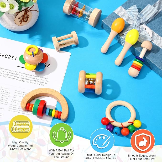 Halloscume 9 Pcs Wooden Bunny Toys, Rabbit Toys for Bunnies Boredom, Safe Rabbit Toy, Multi Colored Teeth Grinding Toy for Chinchillas Hamsters Small Animals Playing Indoor Outdoor Bunny Gifts