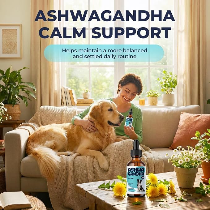 Ashwagandha for Dogs Liquid Drops, Dog Calming Support Supplement, Helps Maintain Calm Behavior, Emotional Balance & Relaxed Daily Routine, Easy to Add to Food or Water, 2 fl oz