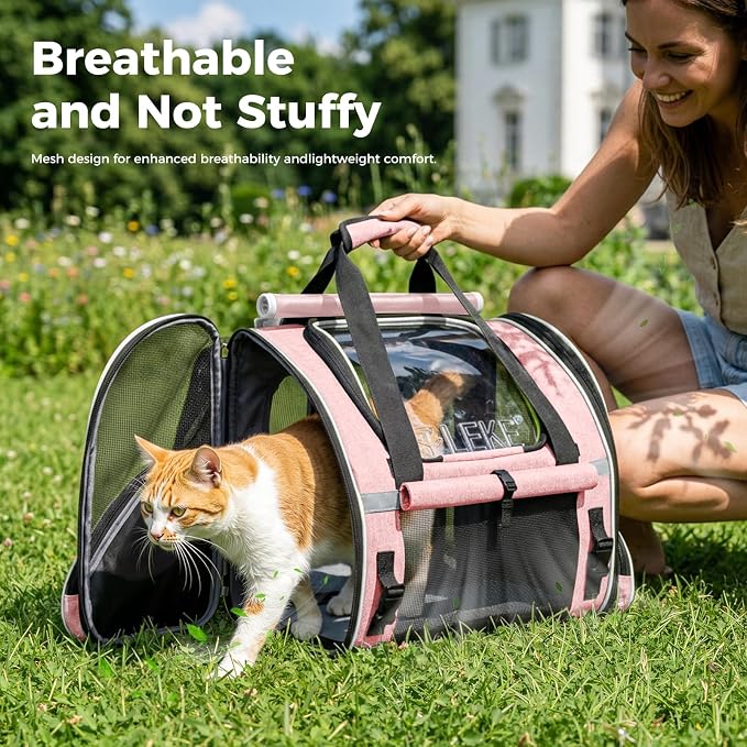 Lekereise Widened Pet Backpack Travel, Wide Pet Carrier Backpack for Cats and Small Dogs up to 18 lbs, Breathable Mesh Backpack Carrier with Sun Shade, Leash, Hand Carry for Travel Vet Car, Pink