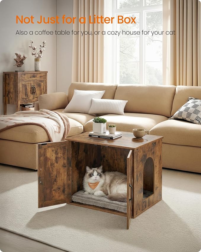 Feandrea Cat Litter Box Enclosure, Hidden Litter Box Furniture, Indoor Pet House End Table, 23.6 x 19.7 x 19.7 Inches, Rustic Brown UPCL042L101