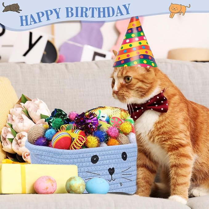 Zopeal 58 Pcs Summer Graduation Cat Storage Basket Gift Toys Set, Colorful Flashing Balls Pet Bell Crinkle Balls Spring Toys Attract Cat to Swat, Hunt, Interactive for Pet(Light Blue,9.8 Inch)