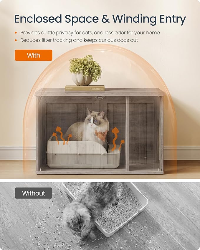 SONGMICS HOME Litter Box Enclosure, Snapsemble Superfast Assembly, Cat Litter Box Furniture, Push-to-Open Doors, Indoor Cat House, Greige UPCL233LK02S