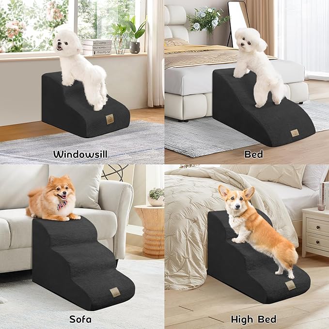 Mestuel Extended Dog Stairs for Small Dogs, Pet Stairs to Couch Sofa Bed, Pet Stairs Steps Longer Slope, Dog Ramp with High Density Foam &Washable Cover, Black