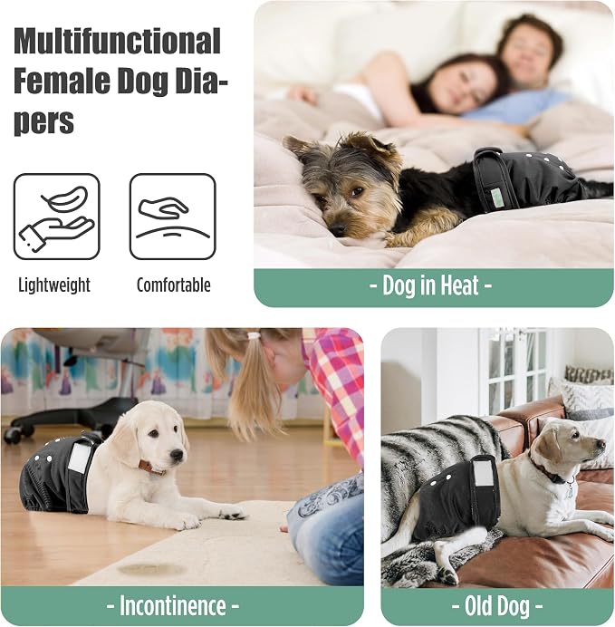 wegreeco Washable Female Dog Diapers Highly Absorbent Reusable Diapers for Dog in Heat Dog Period Diapers, 3 Pack (Black,X-Large