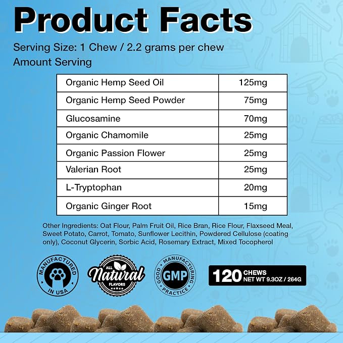 Organic Hemp Oil Infused Calming Chews for Dogs Anxiety - Dogs Essentials for Relief from Travel, Thunder, Separation, Barking, and Fireworks, Joint Pain, Arthritis, Pain Support Calm Pup