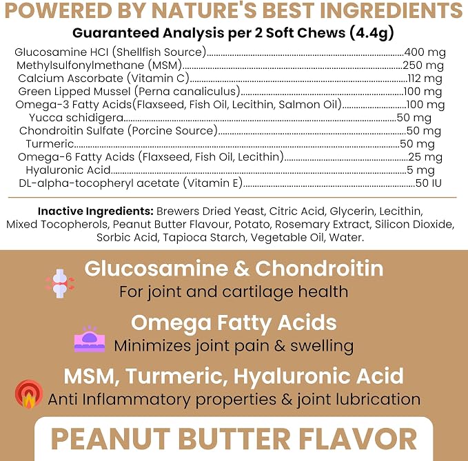 Glucosamine for Dogs Hip and Joint Supplement -240 Soft Chews for Senior Dogs with Glucosamine, Chondroitin, MSM, and Omegas -Mobility, Cartilage, Joint Health -Peanut Butter Flavor (2 Jars of 120)