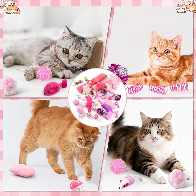 170 Pcs Cat Toy Pack for Indoor Cats Interactive Kitten Toys Including Cat Spring Plush Ball Launcher Catnip Mice Bell Balls Elastic Wool Balls for Indoor Cats Variety Pack