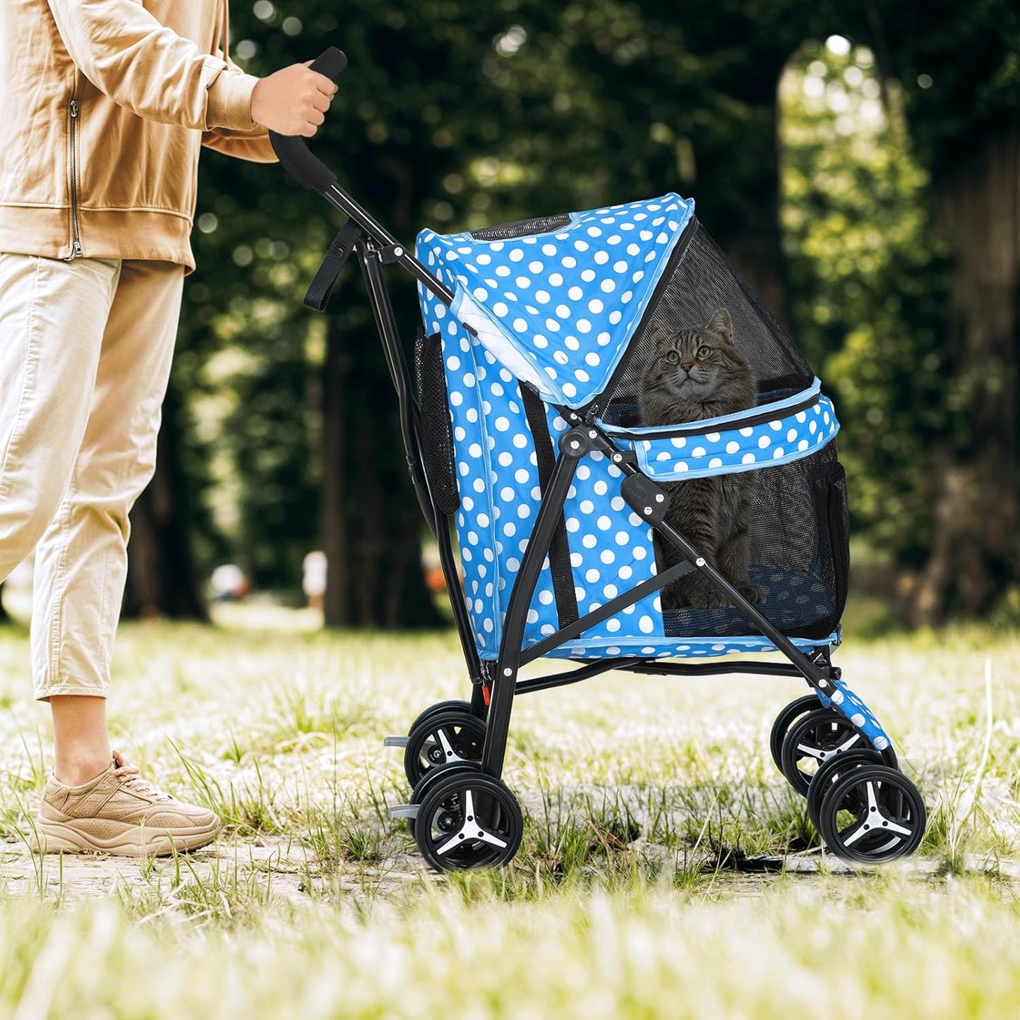 Magshion Compact Pet Stroller for Small-Medium Dogs/Cats up to 22lbs, 4-Wheel Lightweight Umbrella Shaped Portable Puppy Travel Jogger with Breathable Mesh & Rear Storage, Sky Blue Polka Dots